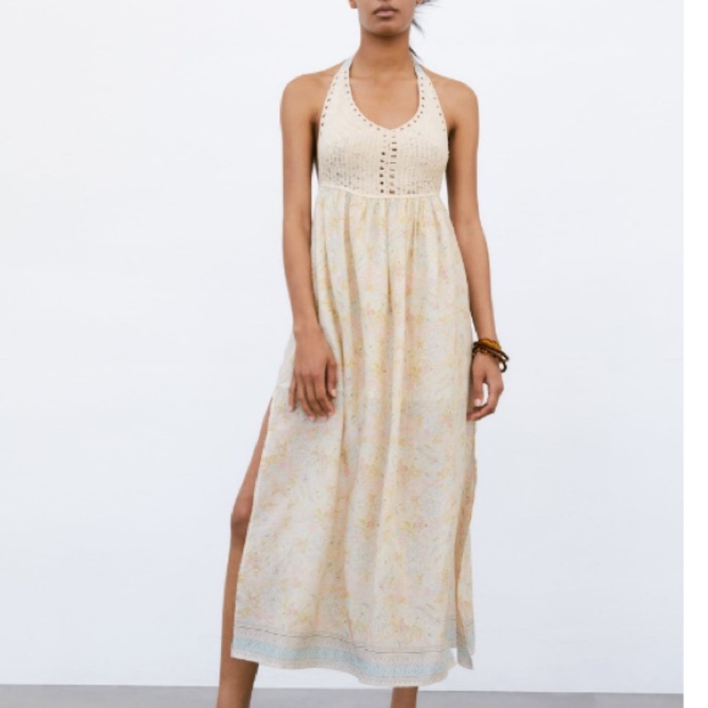 Zara combination crochet midi dress halter neck, cotton blend